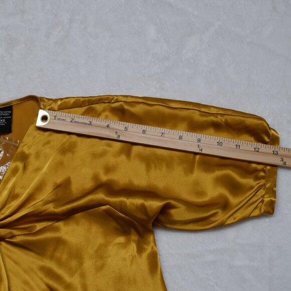 New York & Co Satin Blouse XS Draped Mustard Whimsigoth Holiday Party Cocktail - Picture 14 of 15